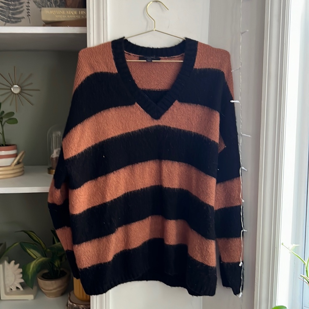 All Saints Black and Rust Striped V-Neck Sweater